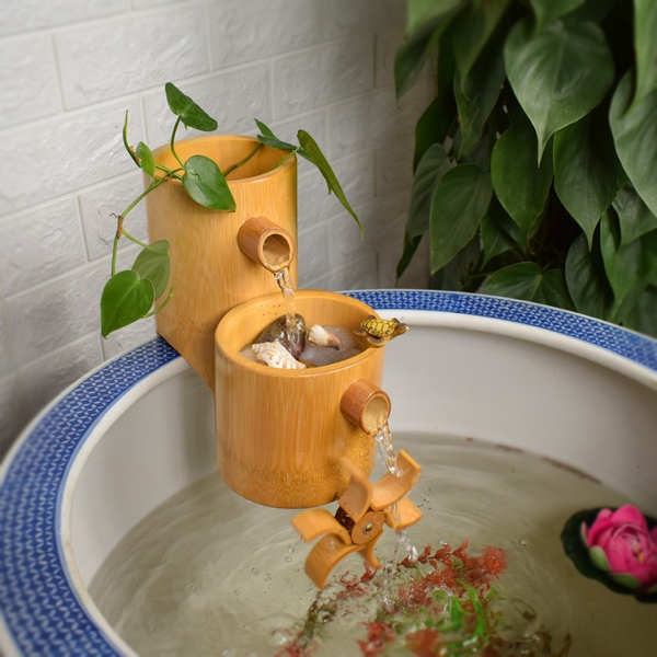 ☼竹子流水擺件石槽循環增氧裝飾造景竹筒水車流水器水族魚缸過濾器（水泵220v需要轉換器）♩