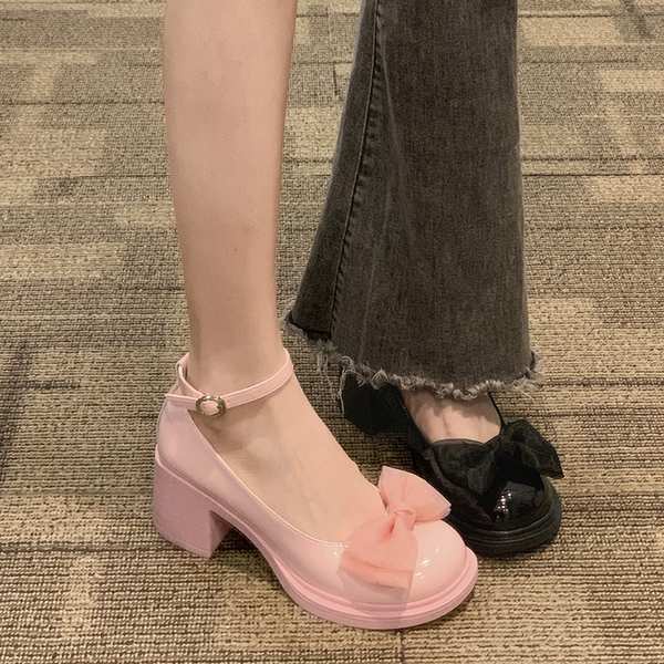 瑪麗珍小皮鞋女2023夏季新款圓頭粗跟粉色單鞋英倫風復古jk高跟鞋