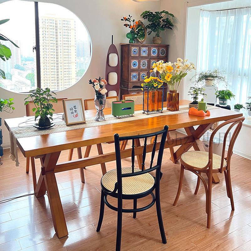 【免運】日式原木實木餐桌 簡約小戶型奶油風餐桌椅組閤 商用餐廳長條餐桌