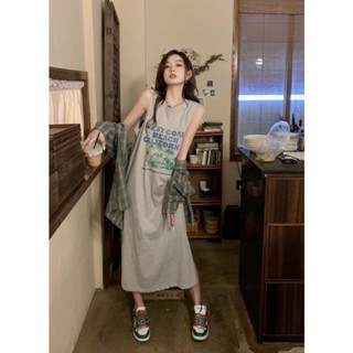 純棉寬鬆連衣裙 開叉印花無袖背心裙 長款T恤裙 長版上衣 長版t恤 懶人裙 無袖洋裝 顯瘦洋裝 背心洋裝 連衣裙洋裝