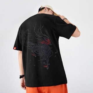刺繡上衣 中國風 民族風 重工國潮牌ins白澤刺繡潮流寬松半袖中國風體恤夏季短袖t恤男