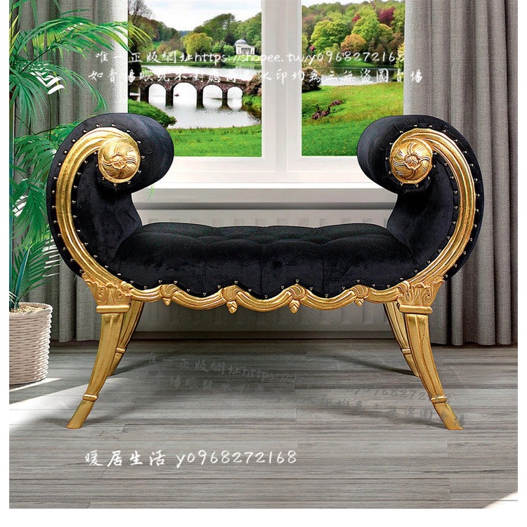&lt;暖居生活&gt;歐式全實木藝術沙發椅換鞋凳豪華高端沙發凳床尾凳雕花金色腳蹬