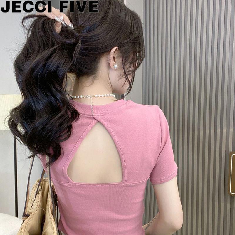 韓妞~JECCI FIVE露背純色T恤女夏季短袖打底衫短款露臍上衣ins潮