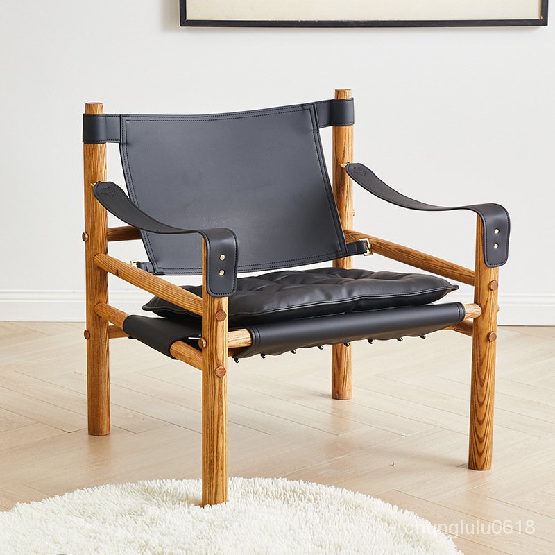 【熱銷】北歐複古真皮單人沙發椅子實木設計師創意侘寂風休閒馬鞍皮狩獵椅