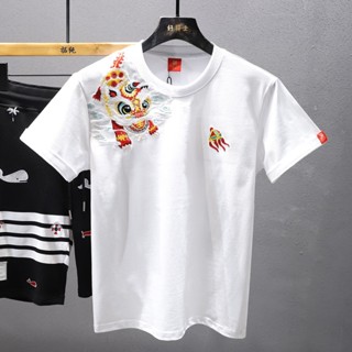 【如夢令】S-4XL大碼中國風上衣國潮醒獅刺繡短袖T恤男裝休閑寬松潮流百搭半袖