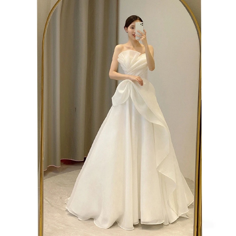 抹胸輕婚紗2023新款新娘婚紗主紗法式輕奢旅拍簡約白紗裙禮服仙氣