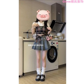🌷🌷女多巴胺女孩穿搭甜辣方領T恤格紋吊帶短袖短款上衣夏牛仔裙套裝多巴胺穿搭 短款 修身 寬鬆 多巴胺女孩（沒有安全褲）