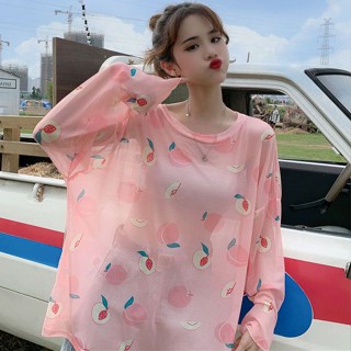 網紗 疊穿 打底衫💕 冰絲防曬衣超大碼200斤長袖t恤女韓版寬松胖mm網紗罩衫上衣 女生上衣 內搭