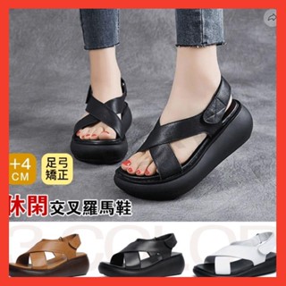 寸物熱銷 復古休閒交叉羅馬鞋 皮質女生涼鞋 7厚底百搭平底坡跟鞋 真皮手工涼鞋21