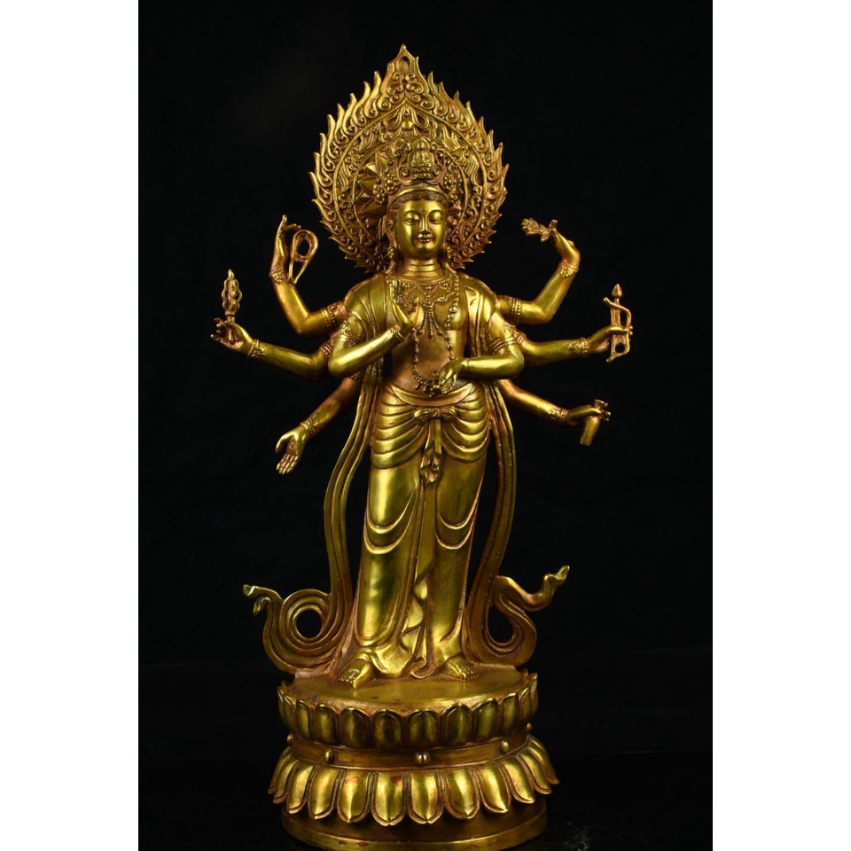 純銅 擺件 佛像 藏傳尼泊爾純銅鎏金站八臂觀音，老佛像八臂準提菩薩，居家佛堂擺件41*22*14重量5.67斤285