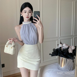 【文藝青年】掛脖連衣裙 2023新款 純慾法式高階感無袖掛脖露肩上衣富傢韆金包設計感 洋裝 減齡 削肩洋裝 不規則 氣質