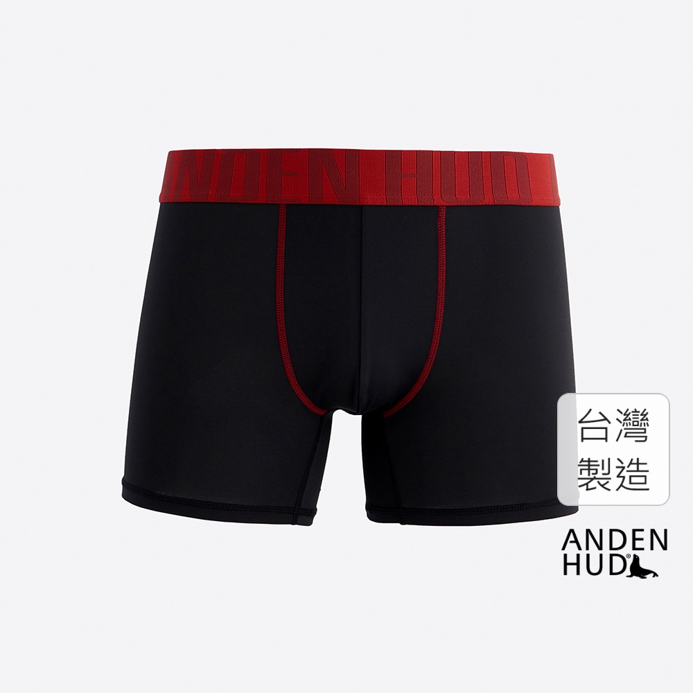 【Anden Hud】男款_吸濕排汗機能系列．長版腰帶平口內褲(黑-暗紅寬緊帶) 台灣製