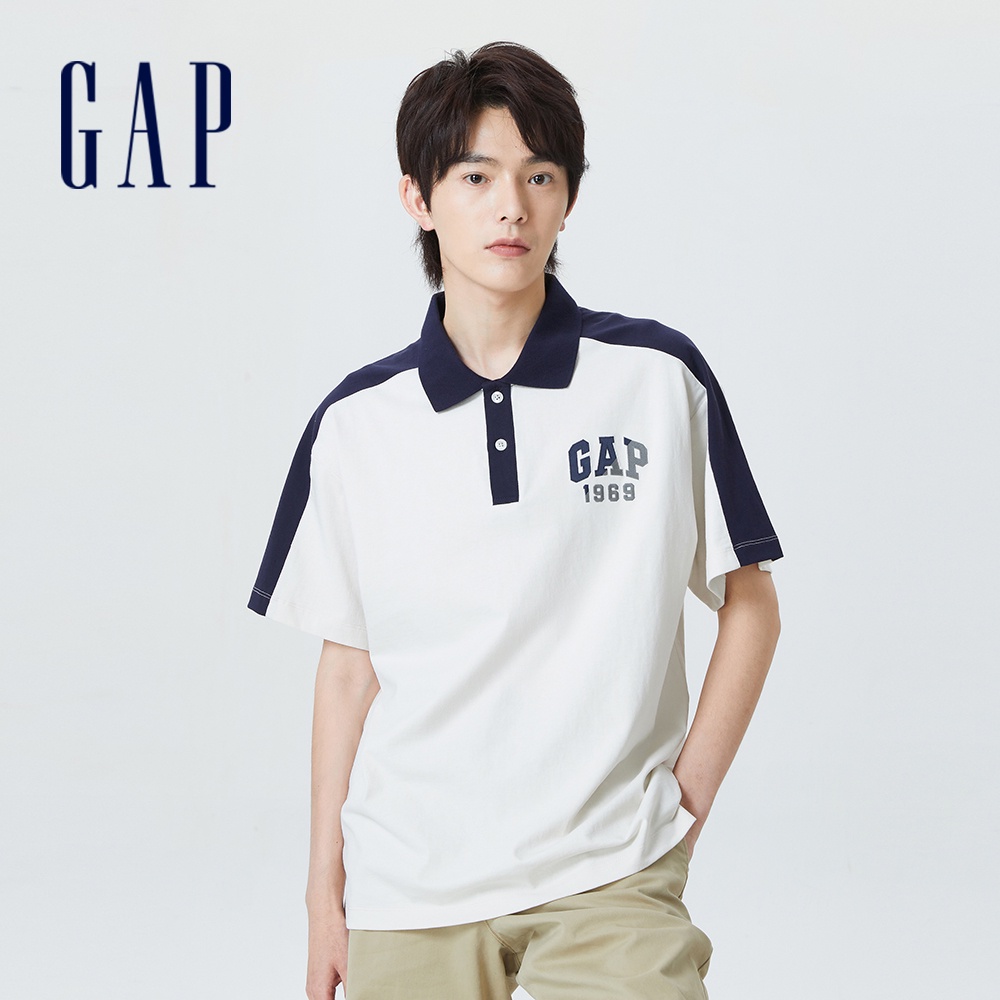 Gap 男裝 Logo純棉寬鬆短袖POLO衫 厚磅密織水洗棉系列-白色(841872)