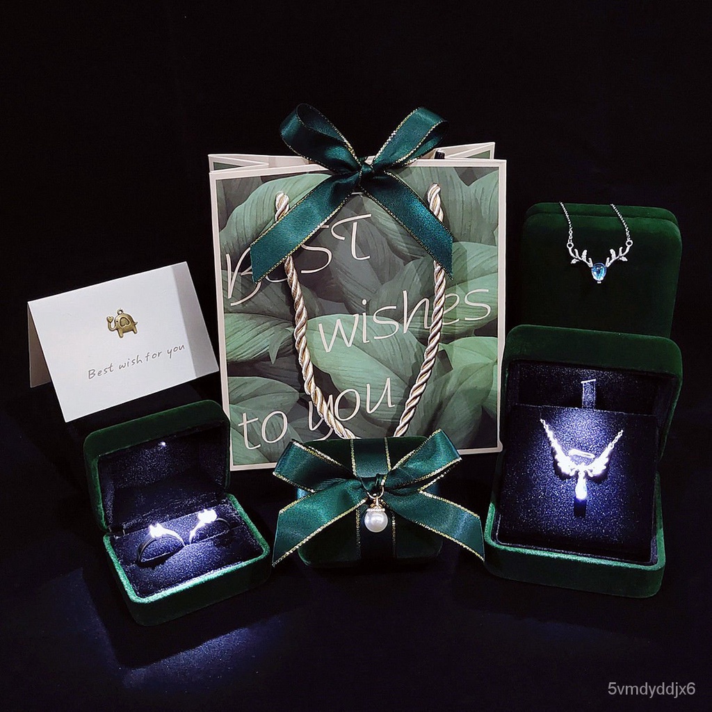 🔥臺灣熱賣🔥高檔絲絨LED帶燈首飾盒項鏈戒指求婚手鐲胸針耳環包裝禮物空禮盒