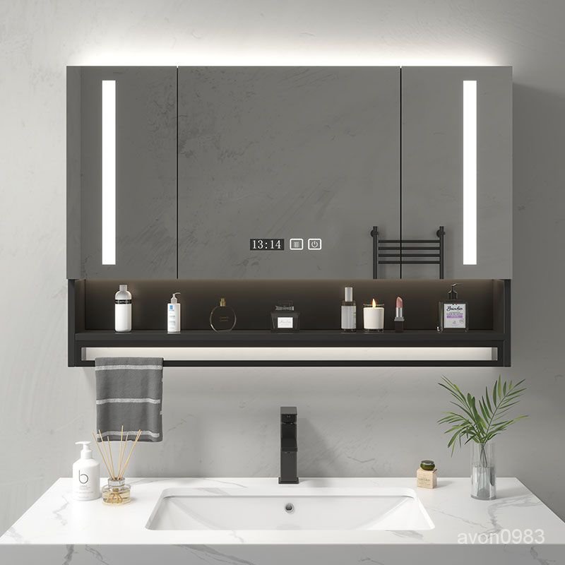 【限時特價】實木智能浴室鏡櫃帶燈除霧衛生間浴室鏡掛墻式洗手間鏡子帶置物架 EIJ9