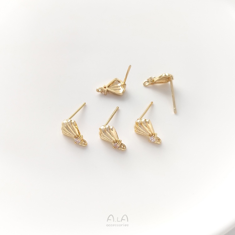 Ala-0801--保色14K包金鑲鋯石扇貝形帶吊環貝殼耳釘diy手作銀耳飾品配件