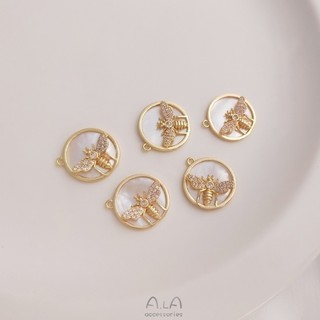 Ala----鑲母貝圓牌掛件14K包金保色鋯石蜜蜂吊墜diy手鏈項鏈飾品吊墜掛飾
