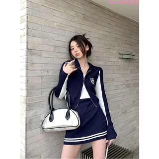 🌷臺灣出貨🌷兩件套裝2023新款美式學院風雙拉鏈顯瘦長袖短外套上衣+高腰短款秋裝上衣 打底衣 春秋薄長袖上衣