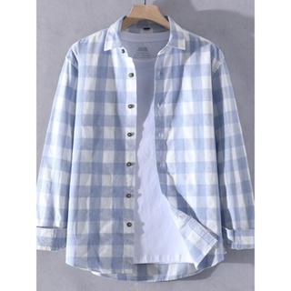 男装 方格子長袖襯衫男100%純棉高品質襯衣初中高中學生藍色夏季薄外套