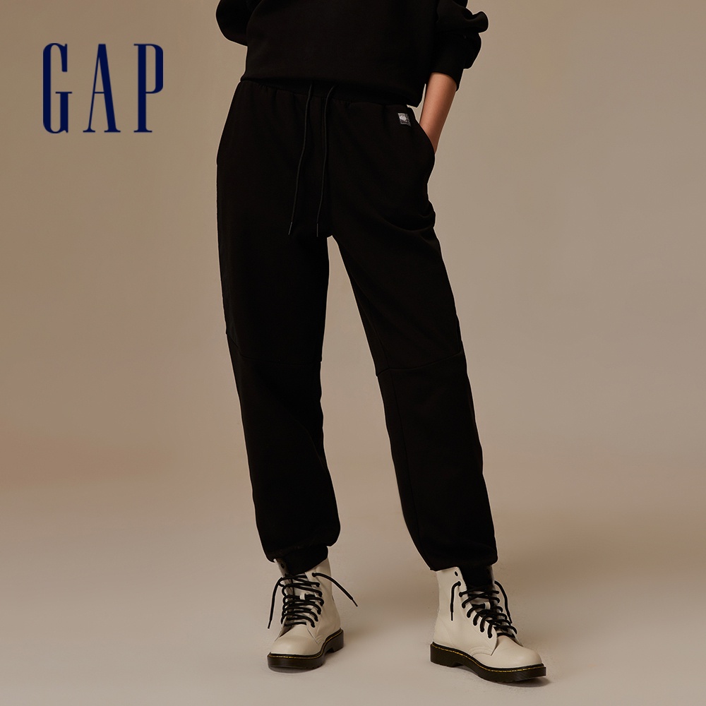 Gap 女裝 Logo束口抽繩鬆緊棉褲 空氣三明治系列-黑色(810616)