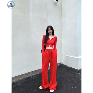 JIAREN紅色純欲本命套裝❤️基本運動套裝 小外套/開衫/T恤/上衣+運動休閒寬鬆寬褲 寬腿褲 直筒褲套裝/免運