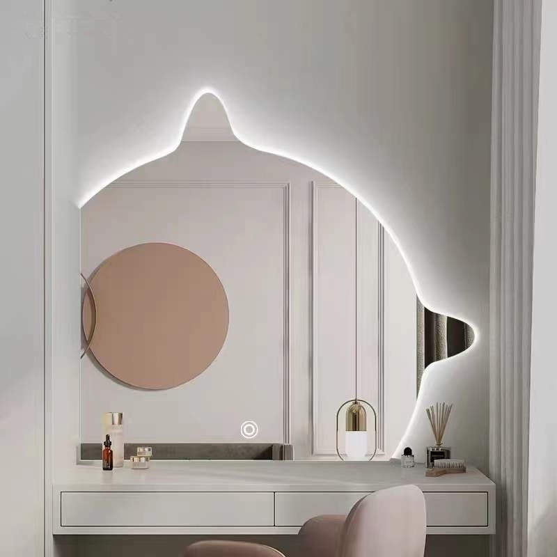 【鏡子】浴室鏡可愛貓咪造型浴室鏡帶燈不規則智能衛浴鏡異形衛生間小貓鏡子壁掛破損補發