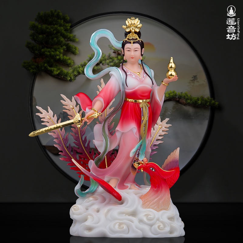 ✾✴♕站九天玄女神像漢白玉彩繪紅衣九天玄母娘娘踏鳳九天玄女工藝擺件結緣