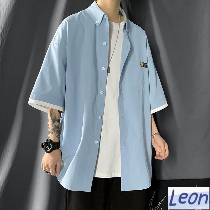 【Leon】大尺碼襯衫男 港風日系短袖襯衫男夏季薄款高級感痞帥襯衣小眾設計感五分袖外套