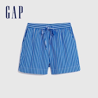 Gap 女裝 高腰鬆緊抽繩短褲-藍色條紋(616666)