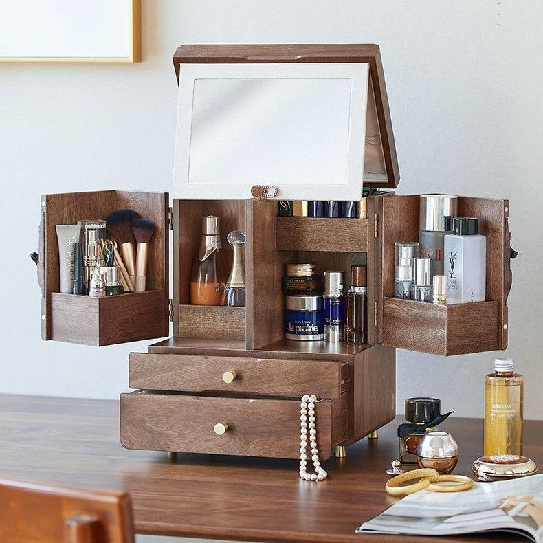熱銷新品 化妝品收納盒防塵帶鏡一體木質桌面梳妝臺彩妝護膚品盒整理置物架