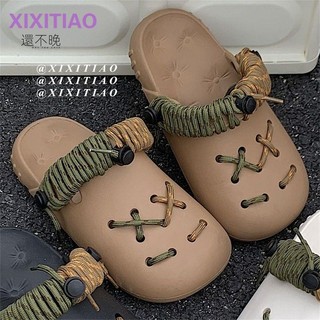 還不晚 細細條復古中性風親子DIY鞋帶洞洞鞋女夏季外穿eva防臭沙灘鞋男