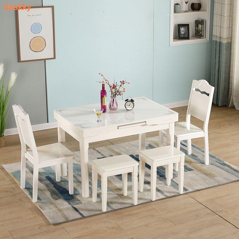 ♈名貓嚶折扣店 伸縮餐桌小戶型家用現代簡約白色烤漆抽拉式桌椅組合鋼化玻璃飯桌