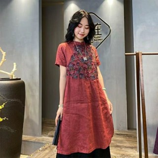 棉麻重工刺繡連衣裙 中長款短袖民族風復古上衣 夏季女裝 短袖t恤 大尺碼女裝 短袖上衣 休閒上衣女 韓版上衣女
