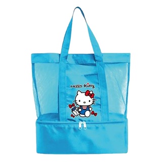【現貨】小禮堂 Hello Kitty 尼龍網眼透氣手提袋 (藍購物款)
