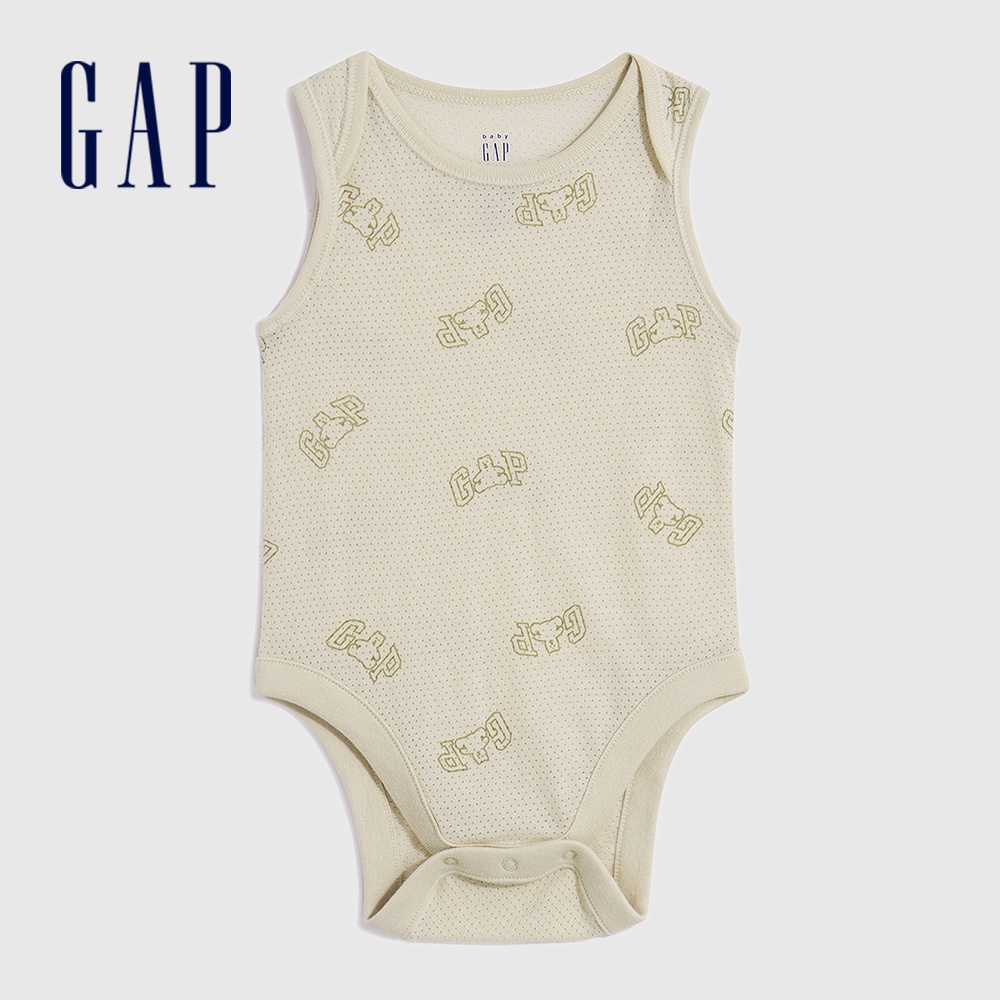 Gap 嬰兒裝 Logo/小熊印花無袖包屁衣-淺米色(661285)