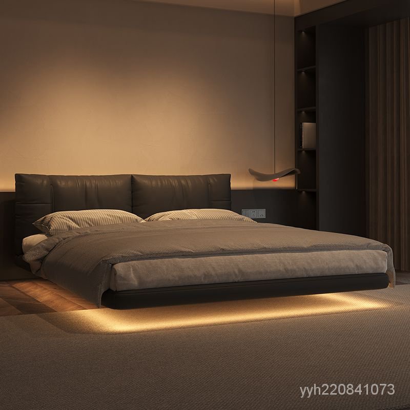 床 輕奢豪華床 2023年新款輕奢懸浮床鋼架現代簡約網紅床感應燈條主臥大氣真皮床