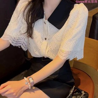 🌷🌷韓國東大門甜美上衣2022夏法式拼色翻領蕾絲鏤空刺繡顯瘦襯衫女新短袖雪紡衫 OL襯衫 簡約襯衫 顯氣質