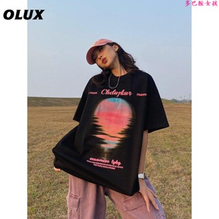 ✨多巴胺女孩上衣✨美式復古日落短袖T恤女夏季新款寬松設計感學生半袖上衣ins潮