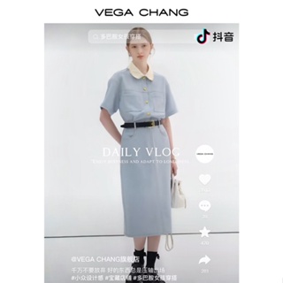 限定特賣VEGA CHANG法式茶歇連衣裙女夏高級感氣質小個子顯瘦赫本風長裙子新品