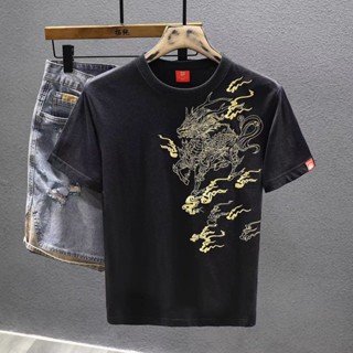 刺繡上衣 中國風 民族風 中國風短袖T恤男士潮牌刺繡麒麟半袖體恤2025夏季新款打底衫