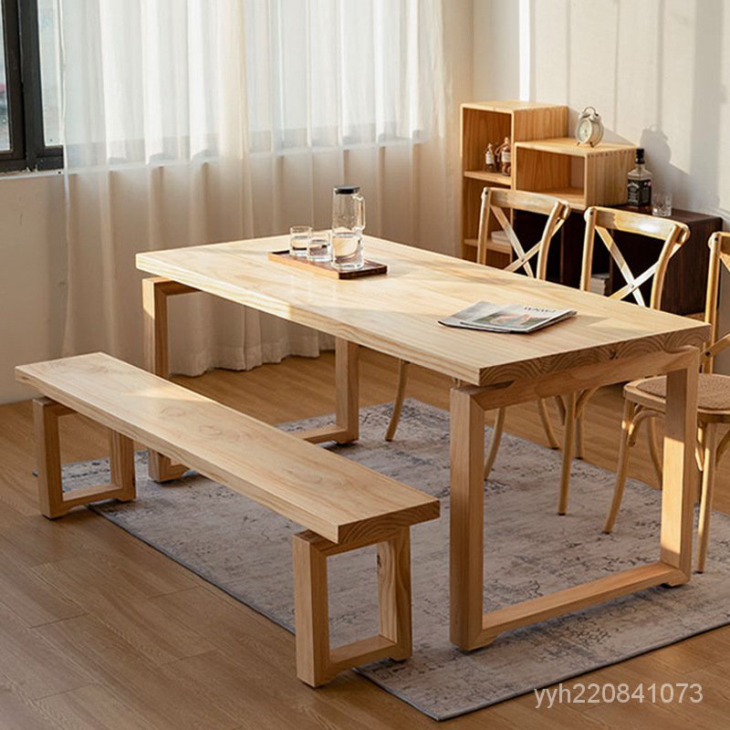 餐桌 餐椅組閤 北歐全實木餐桌椅組閤傢用小戶型侘寂風原木長條凳簡約工作臺桌子