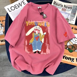 GP實拍 上衣女生韓版 韓國女裝 女生短袖 短袖上衣女 短闆上衣2023夏季新款韓版時尚寬鬆大碼百搭中長款卡通小兔鎖骨