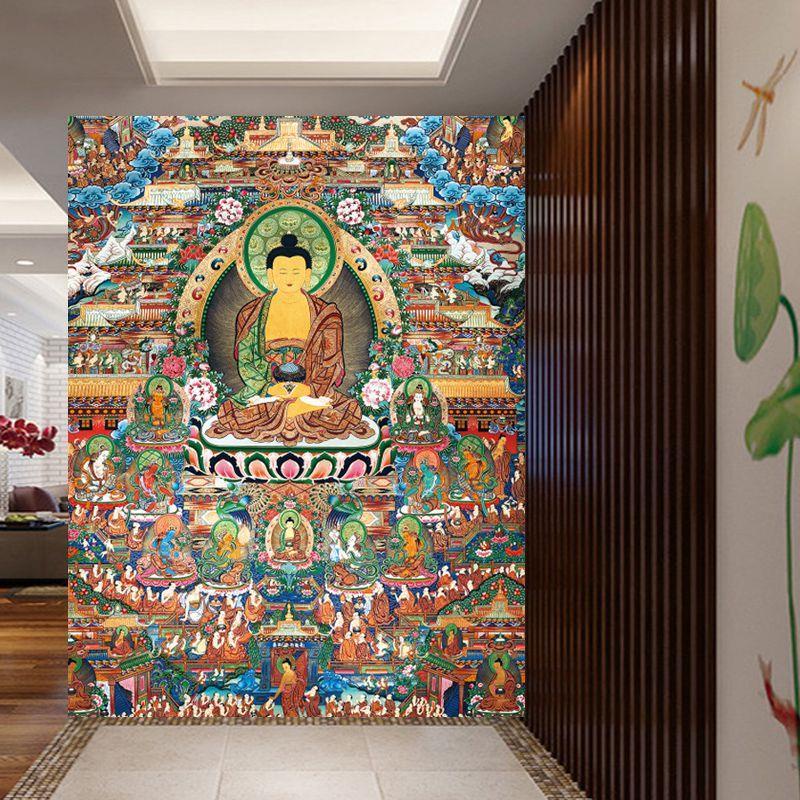 唐卡釋迦摩尼佛壁畫西藏佛堂玄關客廳佛像墻紙寺廟壁紙