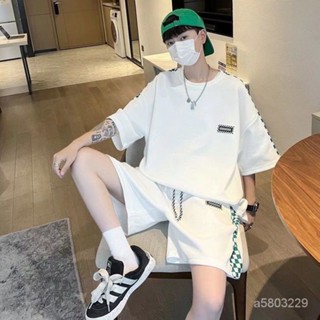 【臺灣熱賣 】夏季棊盤格套裝男休閒運動潮牌上衣服港風嘻哈寬鬆短袖短褲兩件套 4JPT