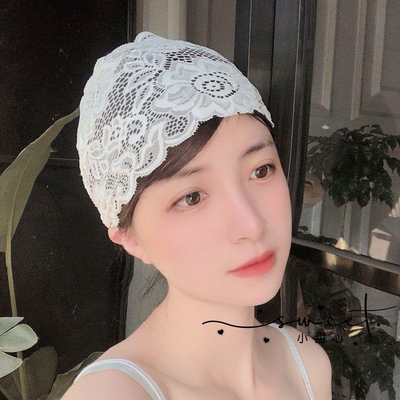 小甜心sweet👙蕾絲泳帽女韓國時尚可愛長發護耳不勒頭PU防水布料加大溫泉游泳帽