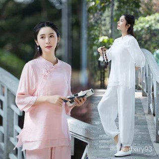太極服 棉麻服 練功服 晨練服 瑜伽服 禪服 居士服 復古 中國風 女佛服裝 棉麻 禪服圓領中袖居士服 瑜伽服 兩件套裝