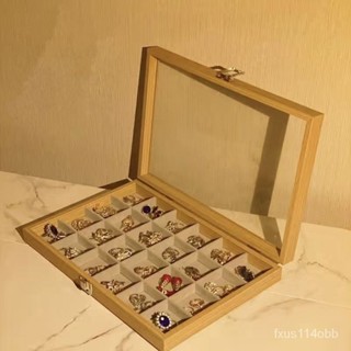 🔥臺灣🔥 花梨木帶蓋30格箱文玩展示架耳環耳釘戒指手鏈項鏈收納盒 木質展示盤 飾品託盤 項鍊盤 耳環收納 展示架 九宮格