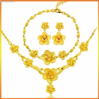 【SK】緬甸砂金耳環手鏈 項鏈 復古花朵鍍黃金首飾三件套裝 項鏈 手鏈 耳環 女 新娘結婚禮物項鏈