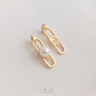 宏雲Hongyun-Ala---925銀針14K包金幾何長O形鑲鋯珠托耳釘手工diy珍珠耳飾品耳環配件