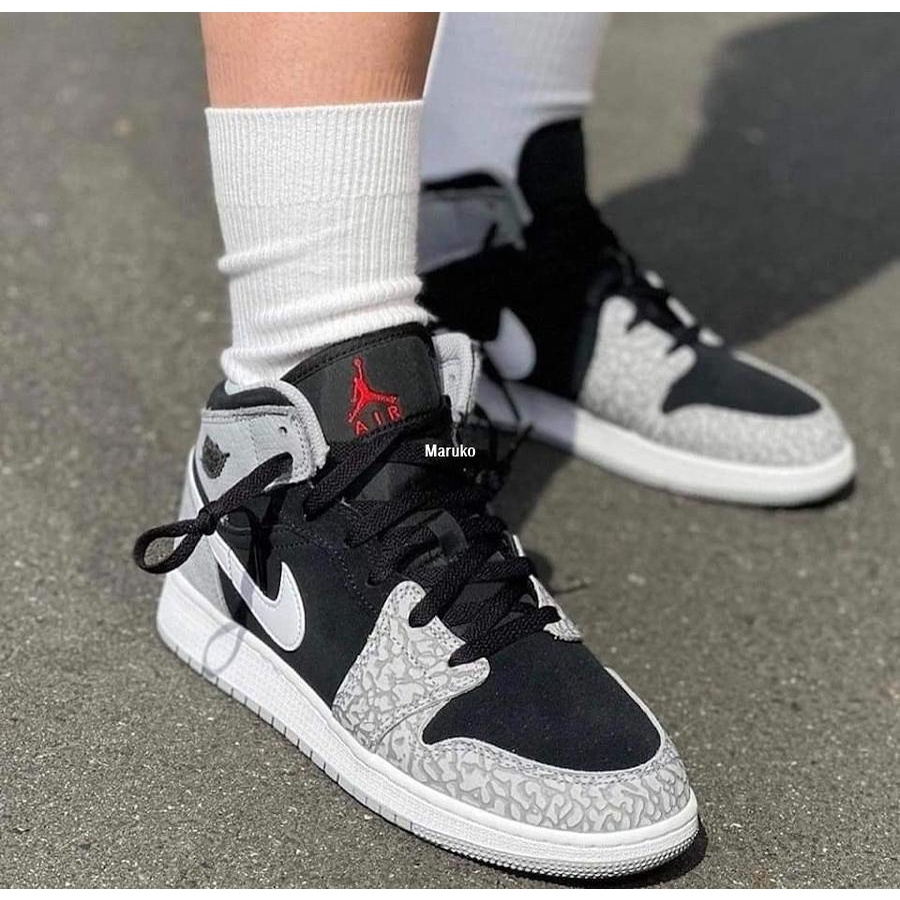 Air Jordan 1 Mid Elephant Print 黑灰白 大象爆裂紋 籃球鞋 DM1200-016